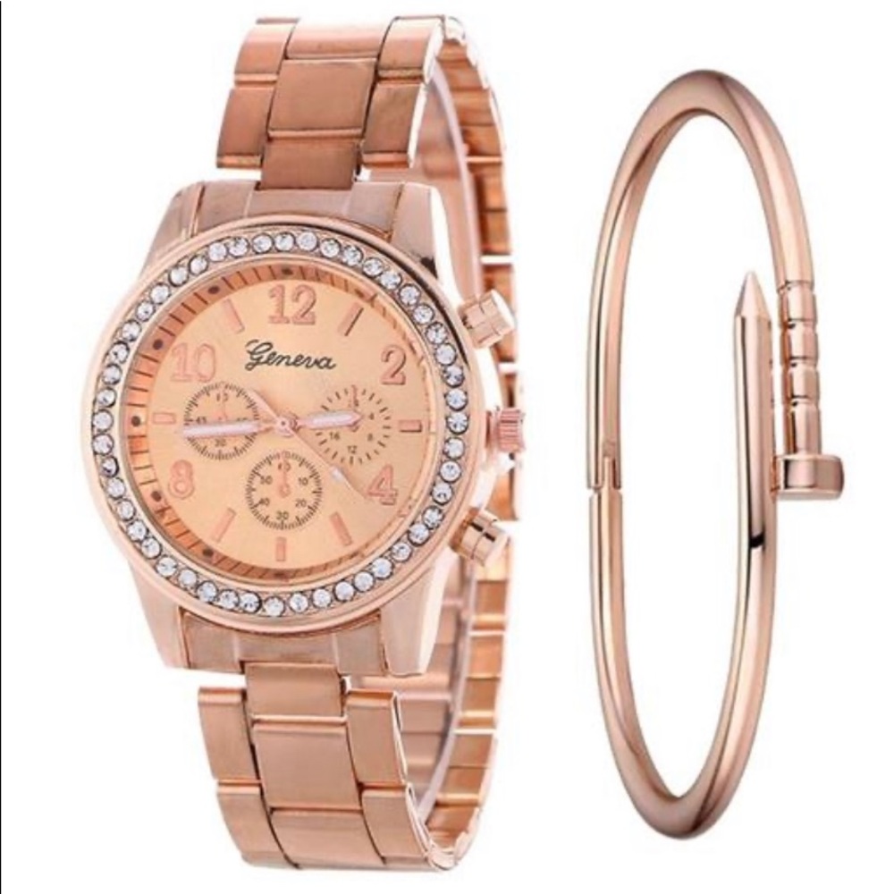 women’s rose gold watch and bangle bundle